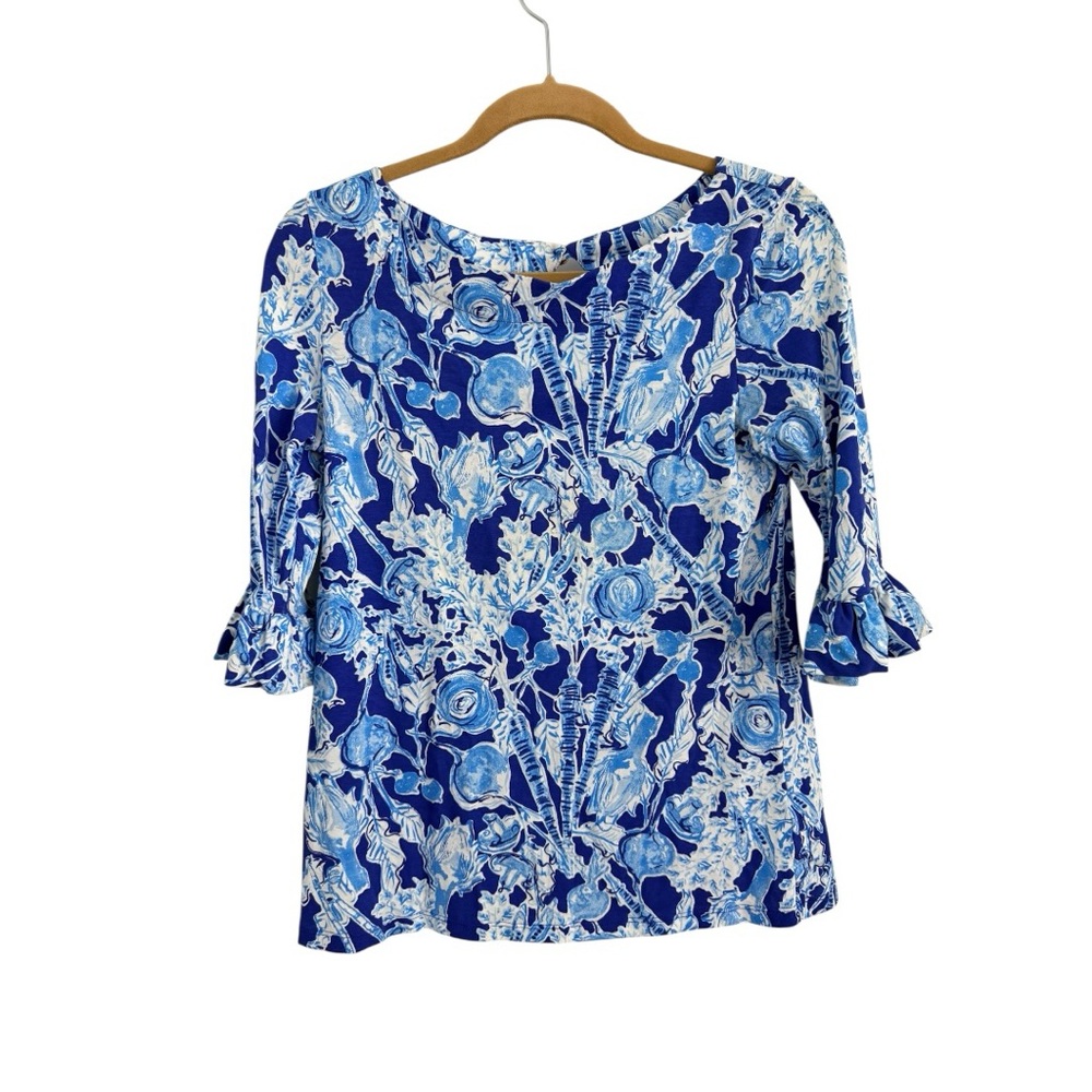 Lilly Pulitzer Waverly Ruffle Top Blue Size Small Floral Tropical Colorful